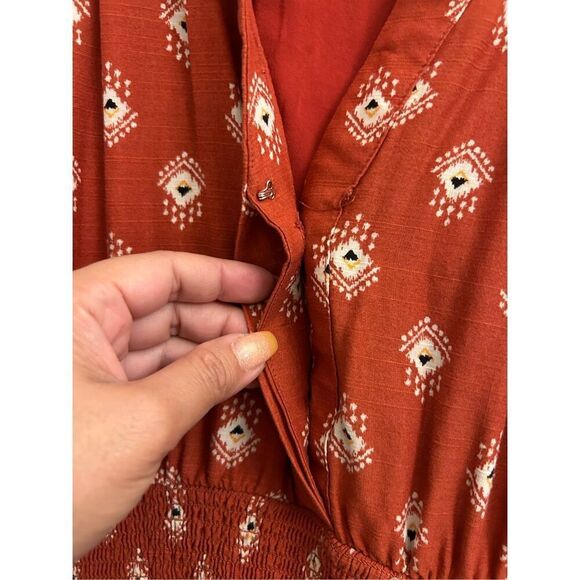Anthropologie Boho Rust Red Smocked Waist Midi Dress sz S Petite – Geometric Blo - Picture 15 of 15